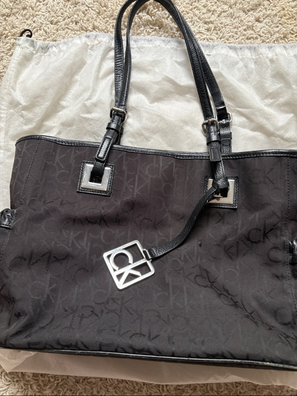 Calvin Klein Black Logo Jacquard Tote with Silver Hardware